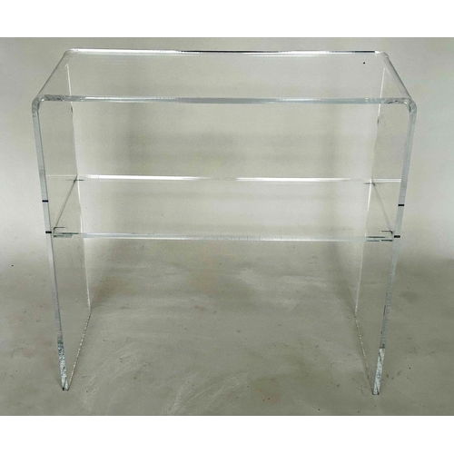 129 - LUCITE CONSOLE TABLE, arched rectangular with undertier shelf, 70cm W x 70cm H x 30cm D.