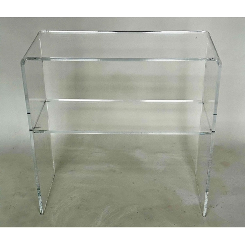 129 - LUCITE CONSOLE TABLE, arched rectangular with undertier shelf, 70cm W x 70cm H x 30cm D.