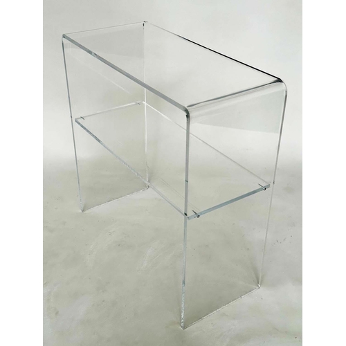 129 - LUCITE CONSOLE TABLE, arched rectangular with undertier shelf, 70cm W x 70cm H x 30cm D.