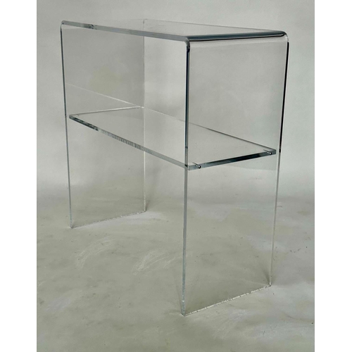 129 - LUCITE CONSOLE TABLE, arched rectangular with undertier shelf, 70cm W x 70cm H x 30cm D.