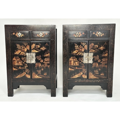 130 - CHINESE CABINETS, a pair, early 20th century lacquered, silvered metal mounted and gilt chinoiserie ... 