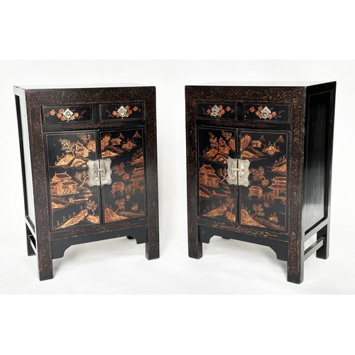 130 - CHINESE CABINETS, a pair, early 20th century lacquered, silvered metal mounted and gilt chinoiserie ... 