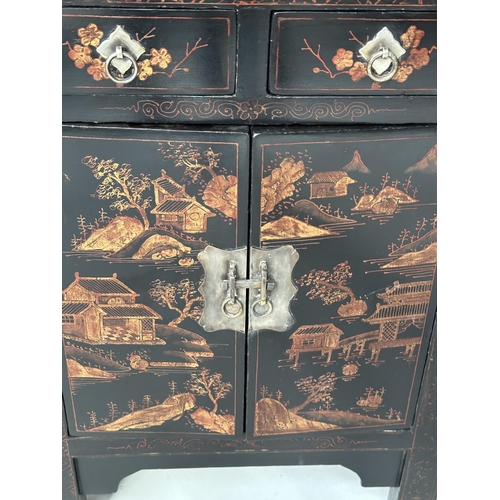 130 - CHINESE CABINETS, a pair, early 20th century lacquered, silvered metal mounted and gilt chinoiserie ... 