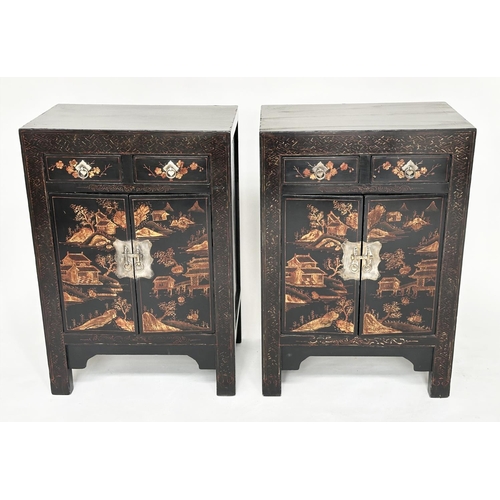 130 - CHINESE CABINETS, a pair, early 20th century lacquered, silvered metal mounted and gilt chinoiserie ... 