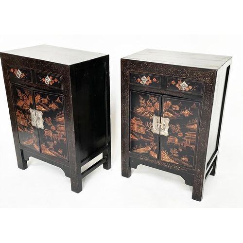 130 - CHINESE CABINETS, a pair, early 20th century lacquered, silvered metal mounted and gilt chinoiserie ... 