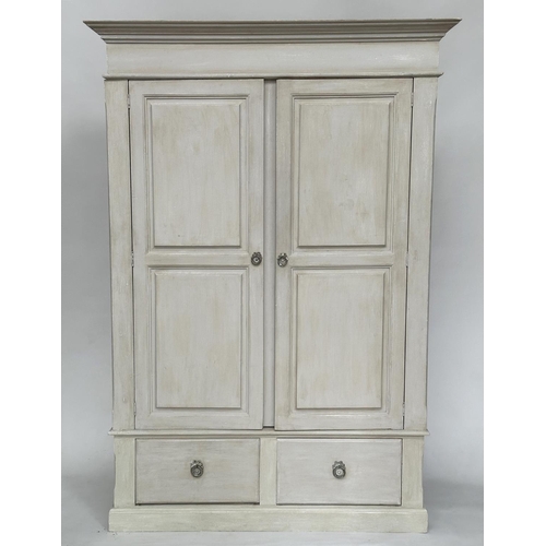 131 - ARMOIRE, French style traditionally grey painted with two panelled doors enclosing hanging space abo... 