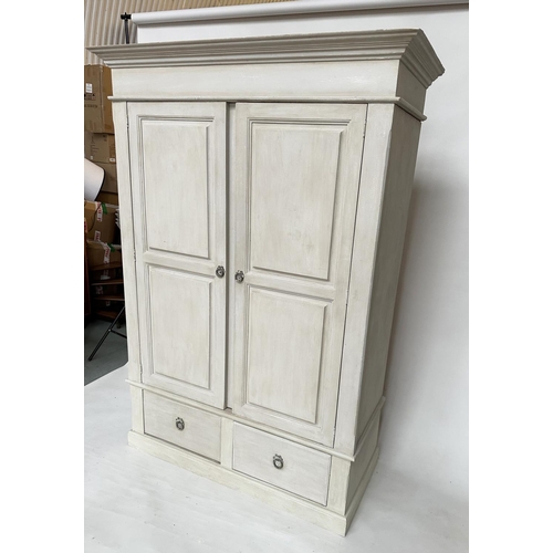 131 - ARMOIRE, French style traditionally grey painted with two panelled doors enclosing hanging space abo... 