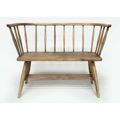 132 - HALL BENCH, mid 20th century in the manner of 'Ercol', with elm seat and rail back, 89cm W.