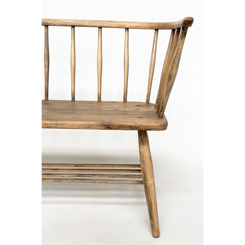 132 - HALL BENCH, mid 20th century in the manner of 'Ercol', with elm seat and rail back, 89cm W.