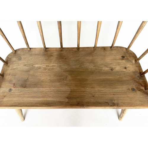 132 - HALL BENCH, mid 20th century in the manner of 'Ercol', with elm seat and rail back, 89cm W.