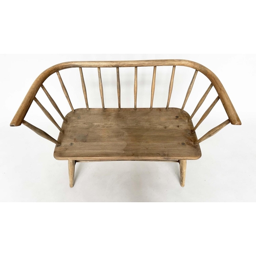 132 - HALL BENCH, mid 20th century in the manner of 'Ercol', with elm seat and rail back, 89cm W.