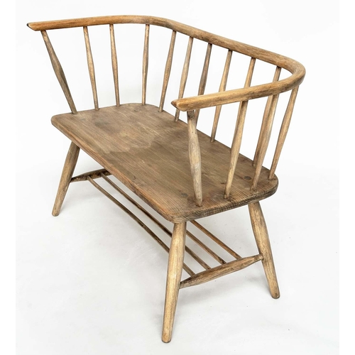 132 - HALL BENCH, mid 20th century in the manner of 'Ercol', with elm seat and rail back, 89cm W.