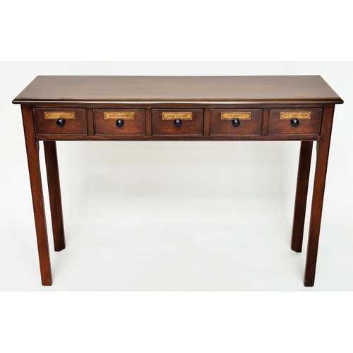 136 - HALL TABLE, 19th century design mahogany with five pharmacy style drawers and square supports, 110cm... 