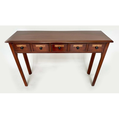 136 - HALL TABLE, 19th century design mahogany with five pharmacy style drawers and square supports, 110cm... 