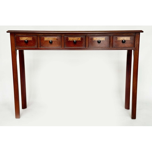 136 - HALL TABLE, 19th century design mahogany with five pharmacy style drawers and square supports, 110cm... 