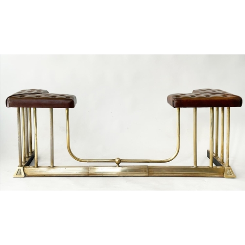 137 - ADJUSTABLE CLUB FENDER, vintage buttoned leather seats raised upon gilt metal balustrade, 150cm W x ... 