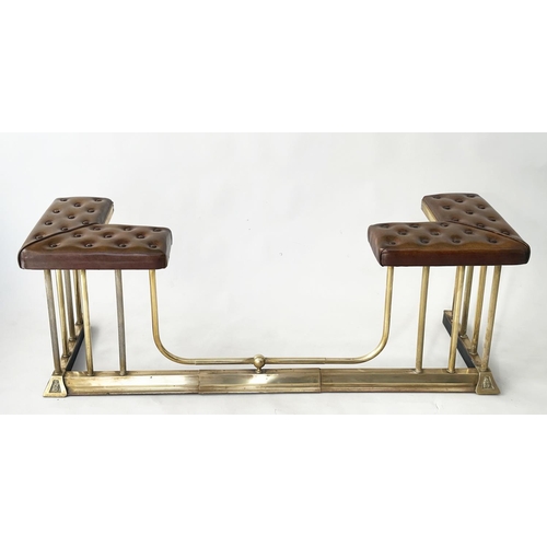 137 - ADJUSTABLE CLUB FENDER, vintage buttoned leather seats raised upon gilt metal balustrade, 150cm W x ... 