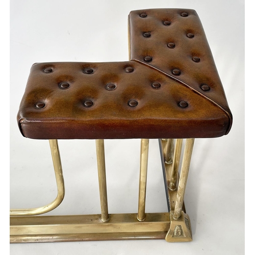 137 - ADJUSTABLE CLUB FENDER, vintage buttoned leather seats raised upon gilt metal balustrade, 150cm W x ... 