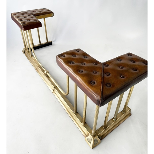 137 - ADJUSTABLE CLUB FENDER, vintage buttoned leather seats raised upon gilt metal balustrade, 150cm W x ... 