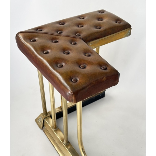 137 - ADJUSTABLE CLUB FENDER, vintage buttoned leather seats raised upon gilt metal balustrade, 150cm W x ... 