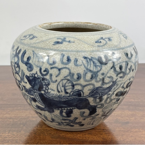 14 - CHINESE VASE, Ming style, blue and white with stylised lions, 12cm H x 12cm.