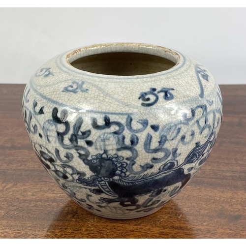 14 - CHINESE VASE, Ming style, blue and white with stylised lions, 12cm H x 12cm.