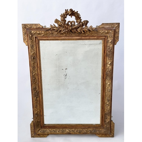 140 - WALL MIRROR, late 19th century French giltwood and gesso moulded with flambeau and quiver ribbon cre... 