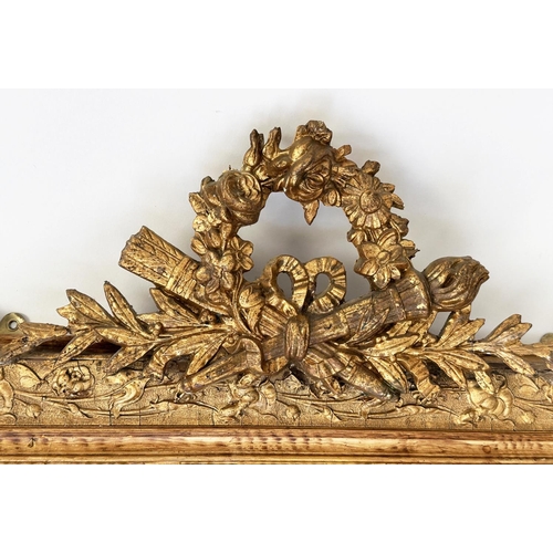 140 - WALL MIRROR, late 19th century French giltwood and gesso moulded with flambeau and quiver ribbon cre... 