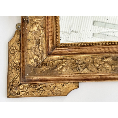 140 - WALL MIRROR, late 19th century French giltwood and gesso moulded with flambeau and quiver ribbon cre... 