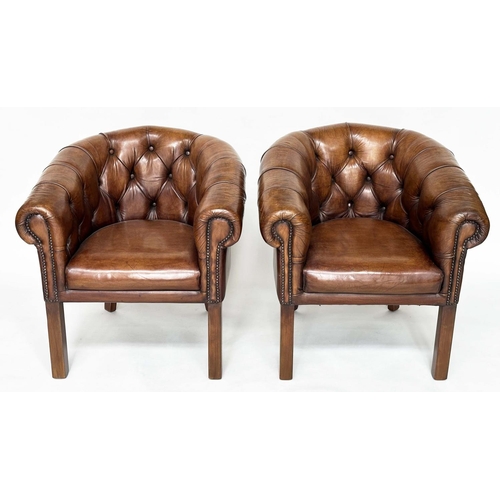 LIBRARY ARMCHAIRS, a pair, club style buttoned soft mid brown leather with curved back and scroll arms. (2)