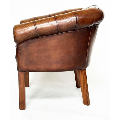 141 - LIBRARY ARMCHAIRS, a pair, club style buttoned soft mid brown leather with curved back and scroll ar... 