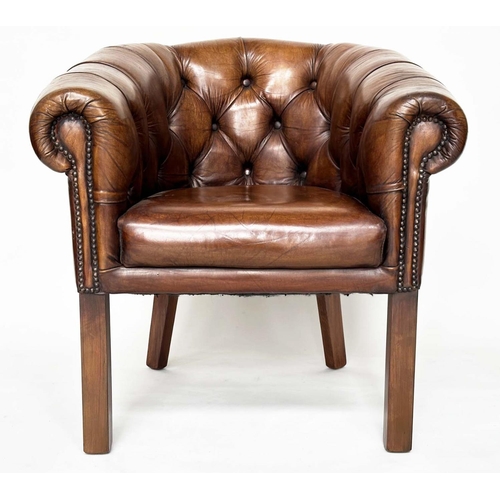 141 - LIBRARY ARMCHAIRS, a pair, club style buttoned soft mid brown leather with curved back and scroll ar... 