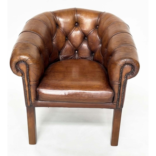 141 - LIBRARY ARMCHAIRS, a pair, club style buttoned soft mid brown leather with curved back and scroll ar... 