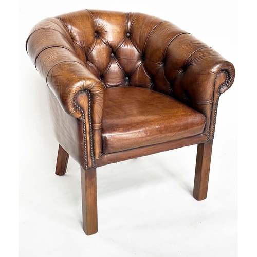 141 - LIBRARY ARMCHAIRS, a pair, club style buttoned soft mid brown leather with curved back and scroll ar... 