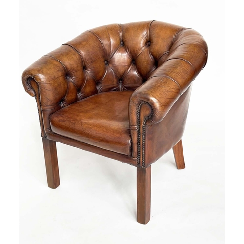 141 - LIBRARY ARMCHAIRS, a pair, club style buttoned soft mid brown leather with curved back and scroll ar... 