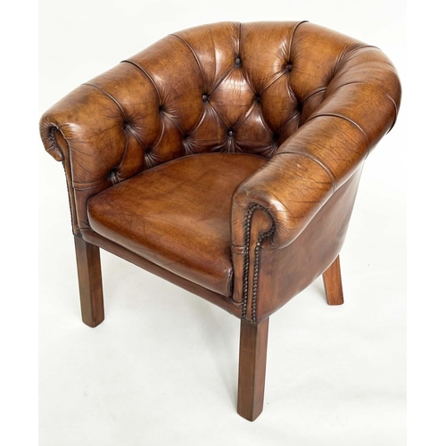 141 - LIBRARY ARMCHAIRS, a pair, club style buttoned soft mid brown leather with curved back and scroll ar... 