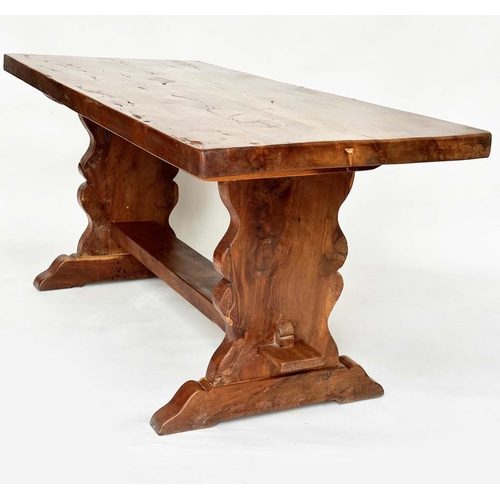 142 - YEWWOOD REFECTORY TABLE, rustic naturally patinated yewood rectangular twin plank with shaped trestl... 