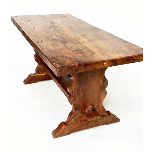 142 - YEWWOOD REFECTORY TABLE, rustic naturally patinated yewood rectangular twin plank with shaped trestl... 