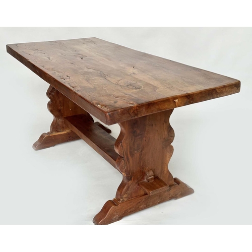 142 - YEWWOOD REFECTORY TABLE, rustic naturally patinated yewood rectangular twin plank with shaped trestl... 