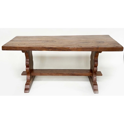 142 - YEWWOOD REFECTORY TABLE, rustic naturally patinated yewood rectangular twin plank with shaped trestl... 