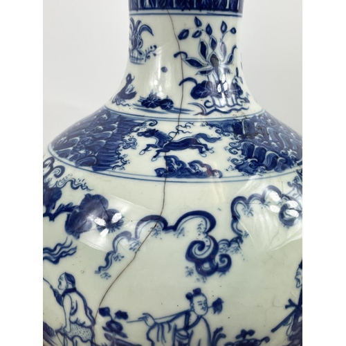 15 - CHINESE BOTTLE VASE, blue and white with figural decoration, 31cm H.