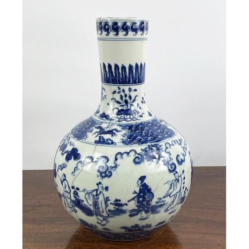 15 - CHINESE BOTTLE VASE, blue and white with figural decoration, 31cm H.