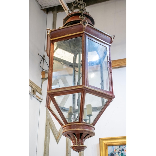 152 - HANGING LANTERN, 90cm H x 51cm W, Early 20th century red tole.