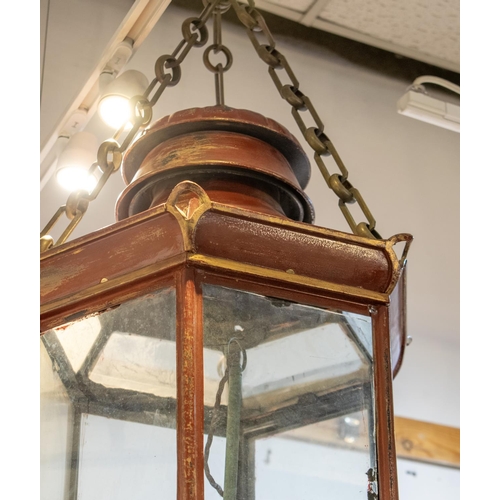 152 - HANGING LANTERN, 90cm H x 51cm W, Early 20th century red tole.