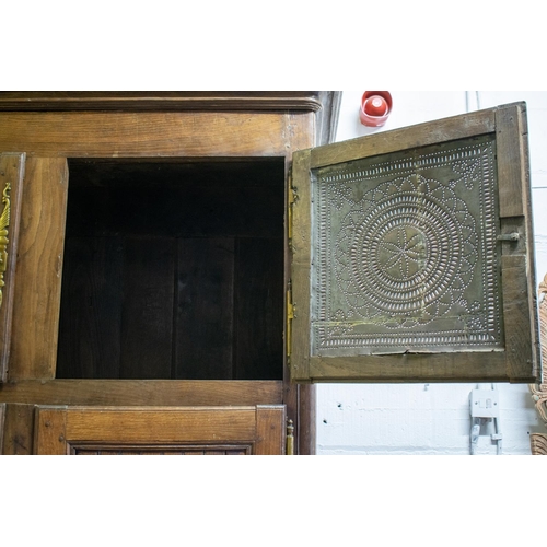 198 - ARMOIRE, 226cm H x 142cm x 58cm, early 19th century French oak with a pair of tole panel doors above... 