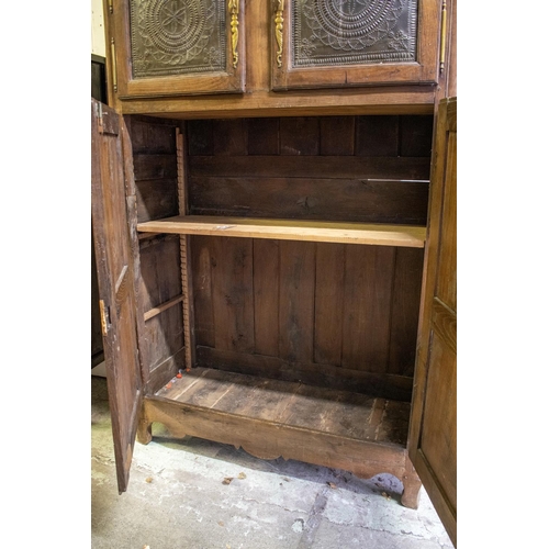 198 - ARMOIRE, 226cm H x 142cm x 58cm, early 19th century French oak with a pair of tole panel doors above... 