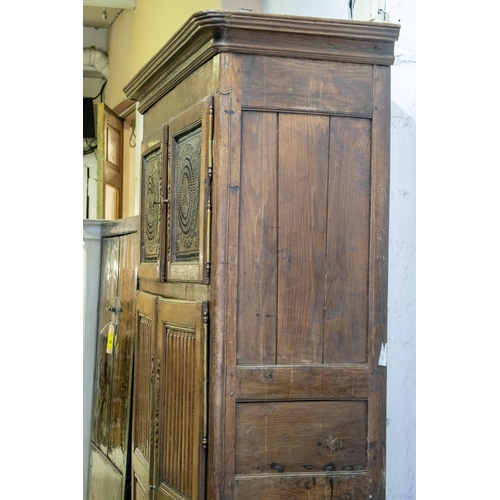 198 - ARMOIRE, 226cm H x 142cm x 58cm, early 19th century French oak with a pair of tole panel doors above... 