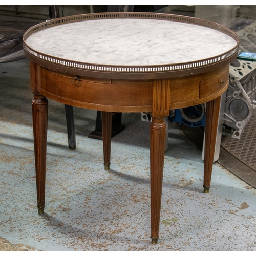 199 - LOW BOUILLOTTE TABLE, 54cm H x 62cm, Louis XVI style mahogany with circular white marble top above t... 