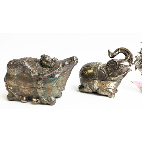 20 - A COLLECTION OF VARIOUS FIGURES, comprising white metal elephant and buffalo figural boxes, silver p... 