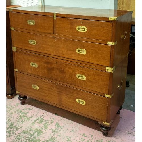 201 - CAMPAIGN CHEST, 102cm H x 103cm x 44cm, Victorian mahogany and brass bound in two parts with five dr... 